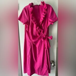 LAFAYETTE 148 NEW YORK WINFREY FAUX WRAP DRESS IN PINK W/ RUFFLE+SIDE ZIP SZ 14